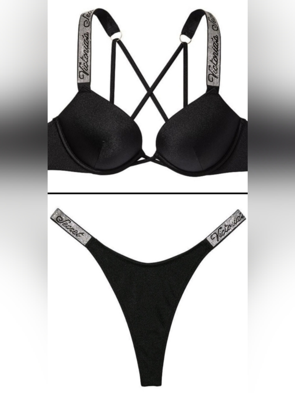 36DD/M VS Swim Shine Strap Bombshell Thong Bikini Set Black